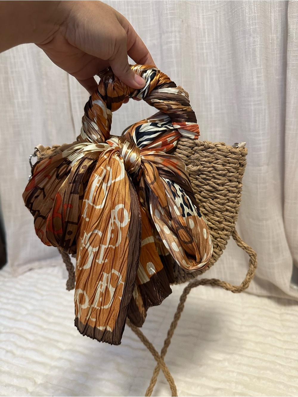 Structured Straw Tote with Orange Patterned Scarf Accent